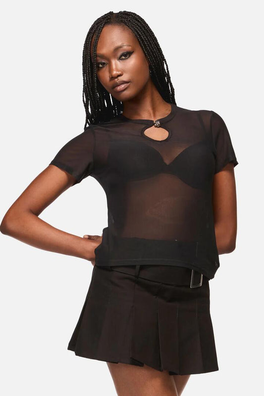 Image of a model wearing Tops. Productname: Crosswise Mesh SS Top in Black colour by brand - Black Friday