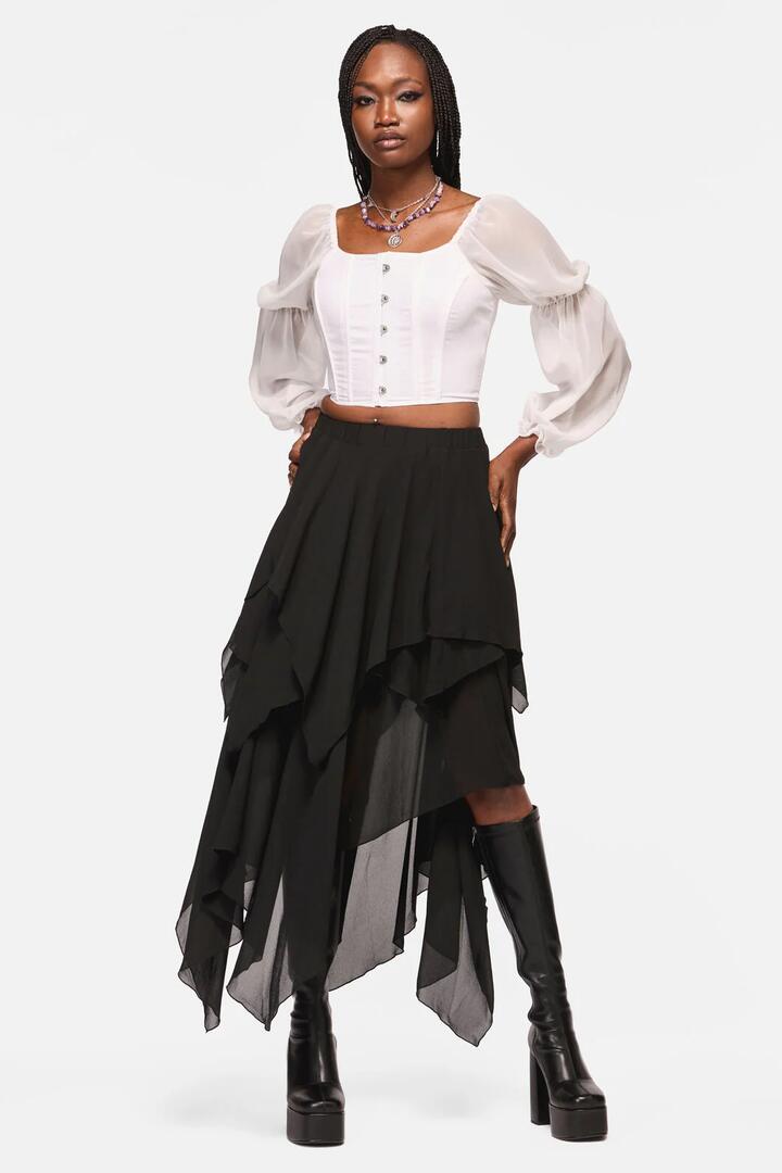 Image of a model wearing Skirts. Productname: Crypt Layered Hanky Mesh Skirt in Black colour by brand - Black Friday