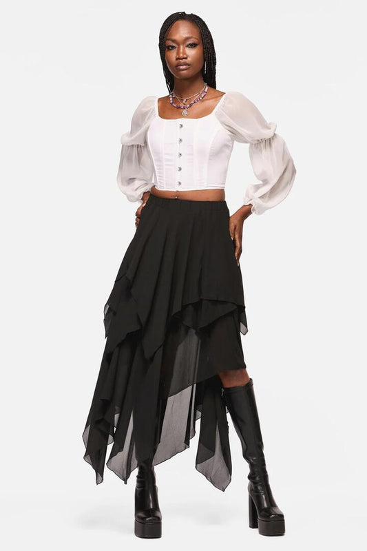 Image of a model wearing Skirts. Productname: Crypt Layered Hanky Mesh Skirt in Black colour by brand - Black Friday