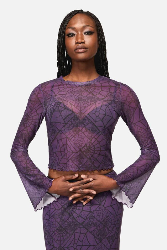 Image of a model wearing Tops. Productname: Window Web Print Mesh Top in Purple colour by brand - Black Friday