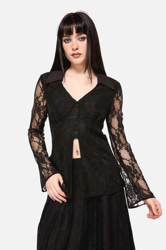 Image of a model wearing Tops. Productname: Dark Pieridae Long Sleeve Lace Top in Black colour by brand - Dangerfield