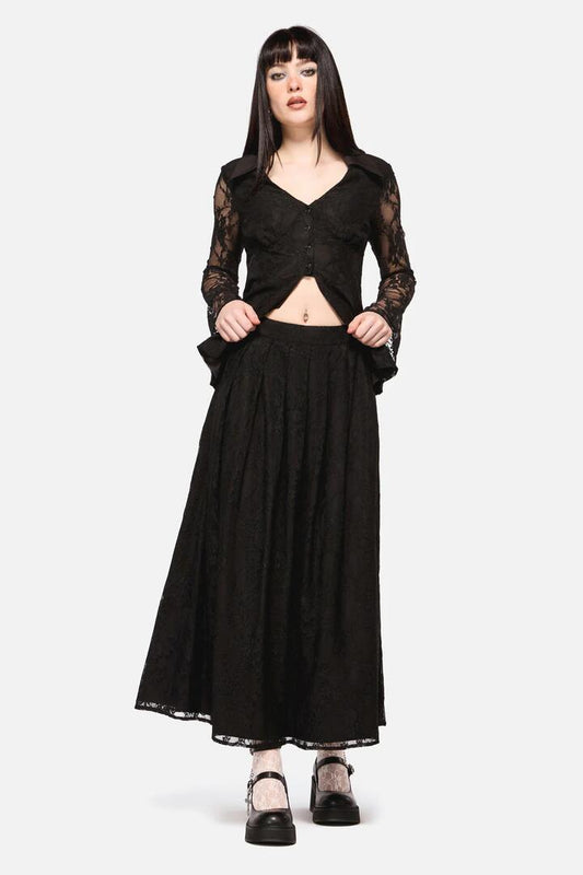 Image of a model wearing Skirts. Productname: Dark Pieridae Maxi Lace Skirt in Black colour by brand - Dangerfield
