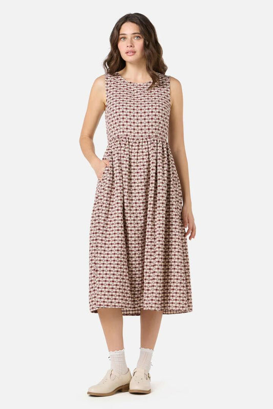 Image of a model wearing Dress. Productname: Sweetheart Check Midi Dress in Chocolate colour by brand - Princess Highway