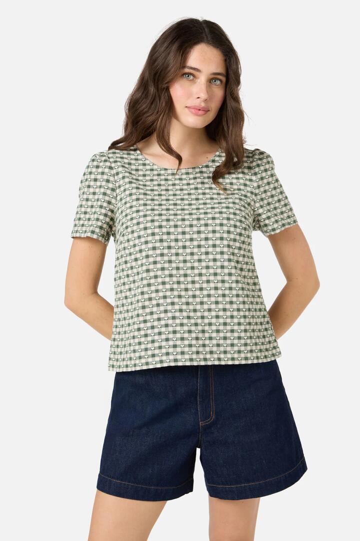 Image of a model wearing Tops. Productname: Sweetheart Check Top in Green colour by brand - Princess Highway