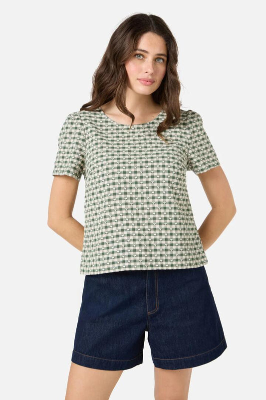 Image of a model wearing Tops. Productname: Sweetheart Check Top in Green colour by brand - Princess Highway