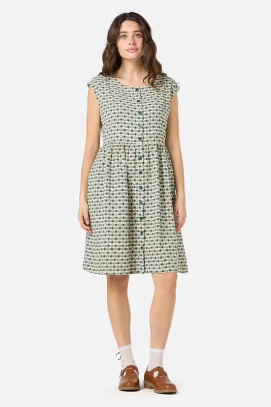 Image of a model wearing Dress. Productname: Sweetheart Smock Dress in Green colour by brand - Princess Highway