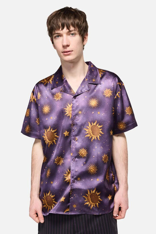 Image of a model wearing Tops. Productname: Cosmic Light Whimsy SS Shirt in Purple colour by brand - Black Friday