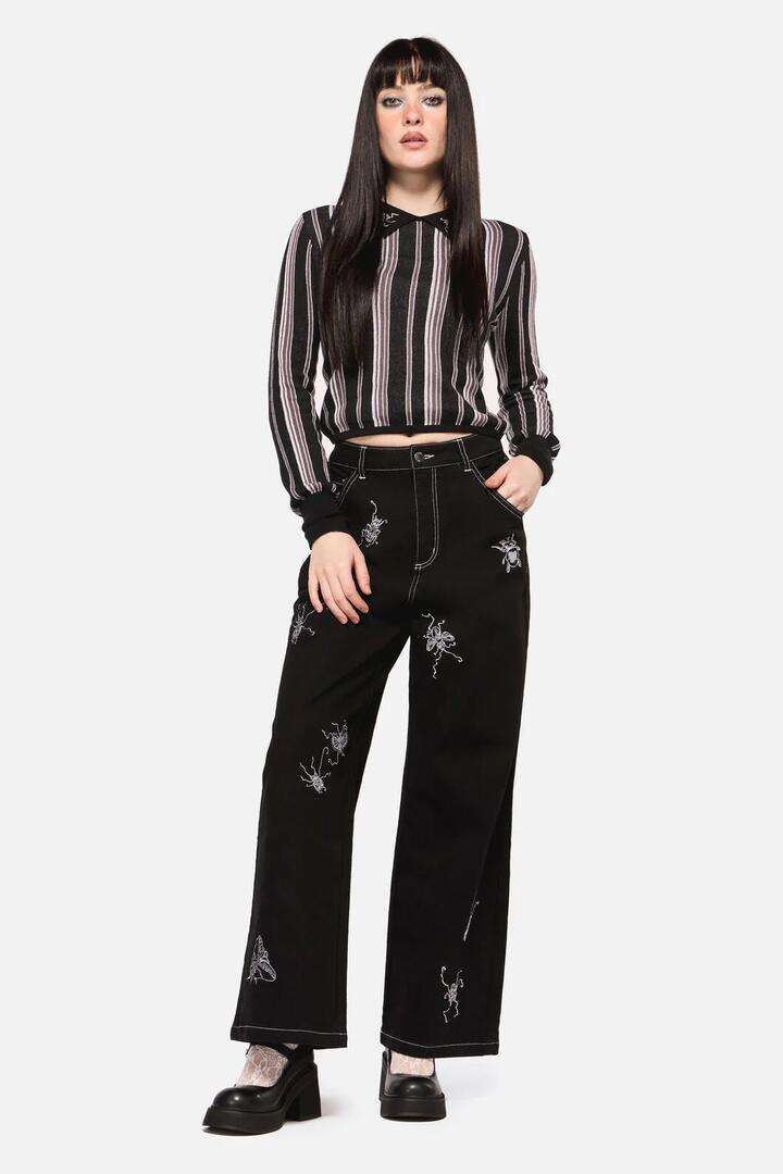Image of a model wearing Denim. Productname: Dark Pieridae Embroidered Wide Leg Jean in Black colour by brand - Dangerfield