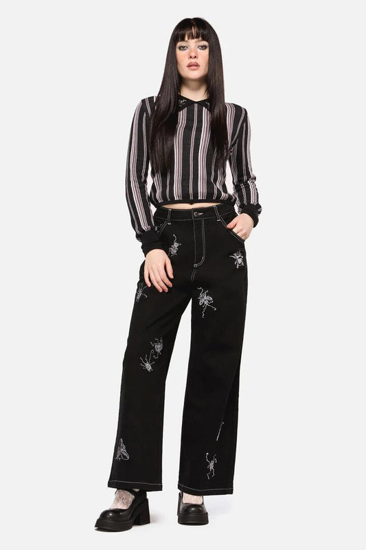 Image of a model wearing Denim. Productname: Dark Pieridae Embroidered Wide Leg Jean in Black colour by brand - Dangerfield