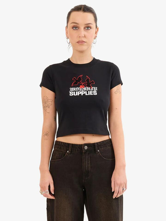 Image of a model wearing Tops. Productname: Worship Love Birds Teeny Tee in Black colour by brand - Worship