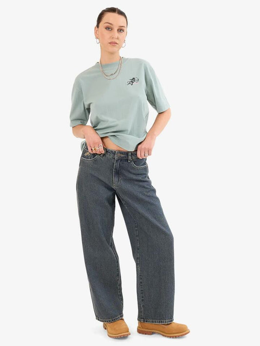 Image of a model wearing Denim. Productname: Worship Sloucher Jean in BLASTED BLUE colour by brand - Worship