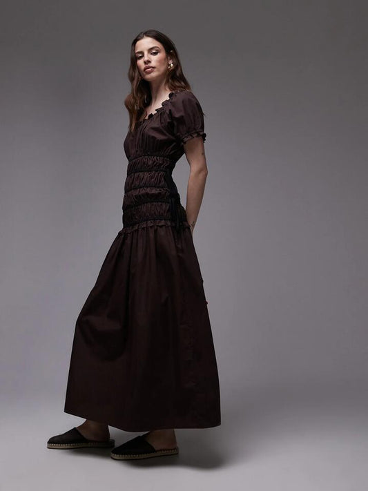 Image of a model wearing Dress. Productname: Topshop Cap Sleeve Ruched Dress in BROWN colour by brand - Topshop