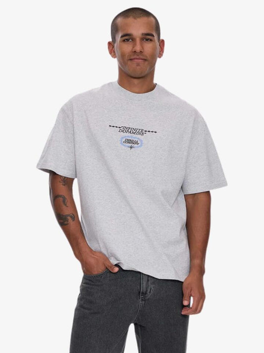 Image of a model wearing Tops. Productname: Thrills Infinite Dopamine Box Fit Oversize Tee in Pirate Black colour by brand - Thrills