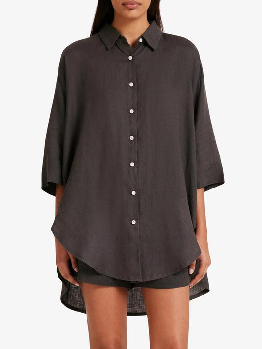 Image of a model wearing Tops. Productname: Nude Lucy Lounge Linen Longline Shirt in Coal colour by brand - Nude Lucy