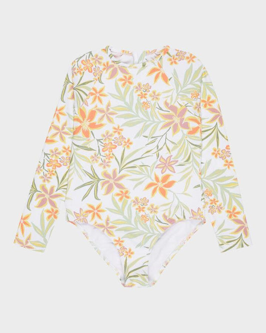 Image of a model wearing Tops. Product name - Roxy Girls 8-16 Floral Horizon Long Sleeve Onesie Rash Vest Bright White Floral Horizon in Bright White Floral Horizon colour by brand - Roxy