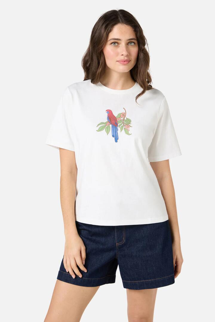 Image of a model wearing Tops. Productname: Rosella Printed Relaxed Tee in Cream colour by brand - Princess Highway