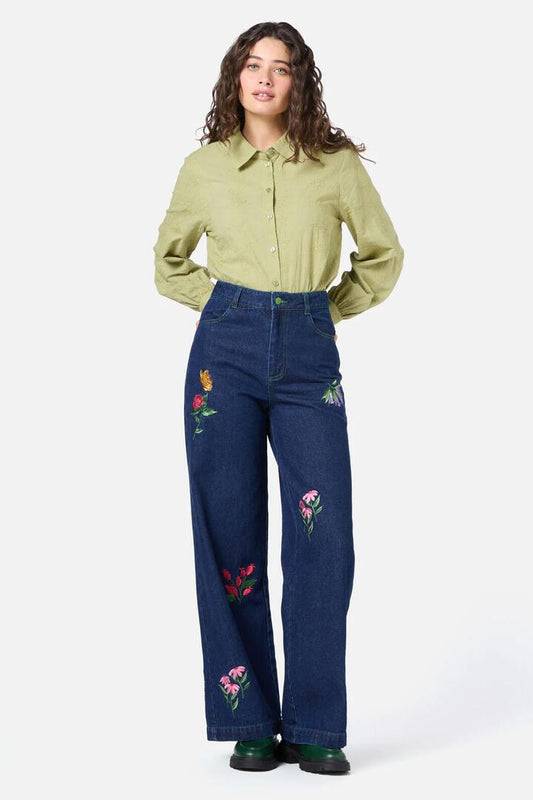 Image of a model wearing Denim. Productname: Garden Party Emb Jean in Blue Denim colour by brand - Princess Highway
