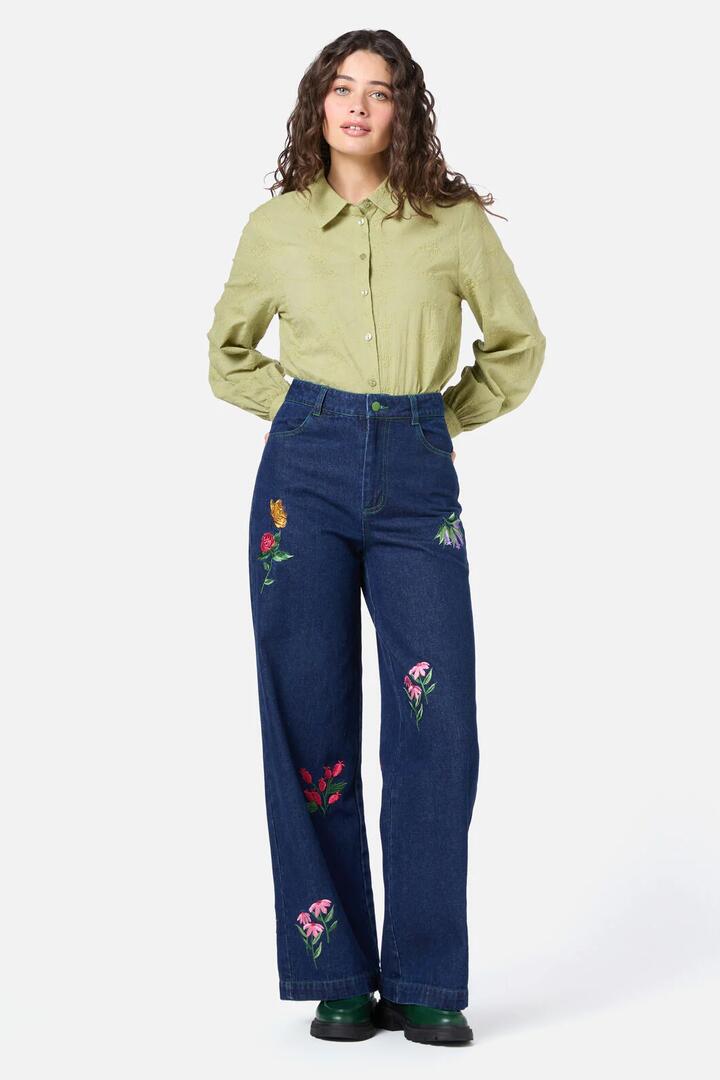 Image of Jeans. Product name - Garden Party Embroidered Jean in Blue Denim colour by brand - Princess Highway