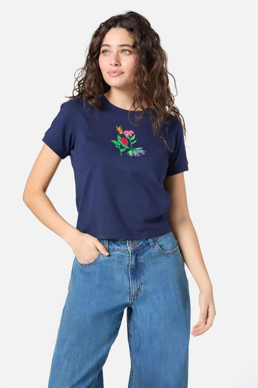 Image of a model wearing Tops. Productname: Garden Party Baby Tee in Navy colour by brand - Princess Highway