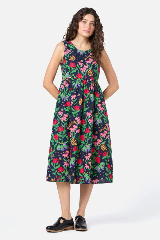 Image of a model wearing Dress. Productname: Garden Party Midi Dress in Navy colour by brand - Princess Highway