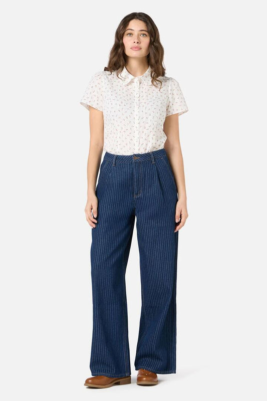 Image of a model wearing Denim. Productname: Pinstripe Relaxed Jean in Blue Denim colour by brand - Princess Highway
