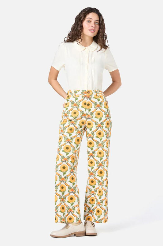 Image of a model wearing Denim. Productname: Sunflower Printed Jean in Cream colour by brand - Princess Highway