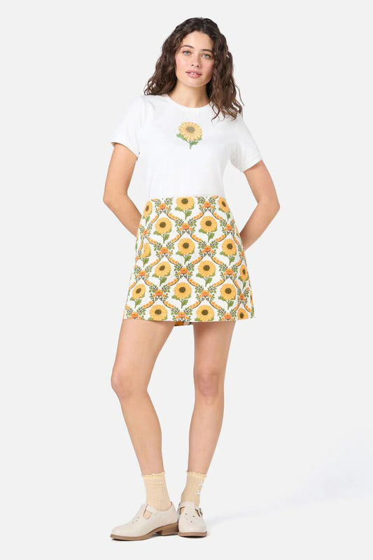 Image of a model wearing Skirts. Productname: Sunflower Mini Skirt in Cream colour by brand - Princess Highway
