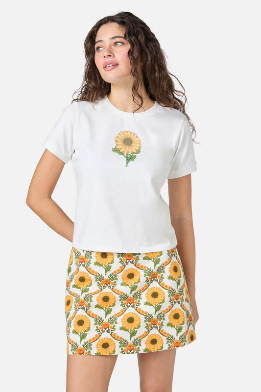 Image of a model wearing Tops. Productname: Sunflower Baby Tee in Cream colour by brand - Princess Highway