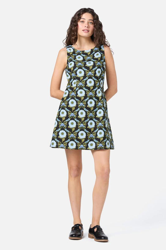 Image of a model wearing Dress. Productname: Sunflower Mini Shift Dress in Black colour by brand - Princess Highway