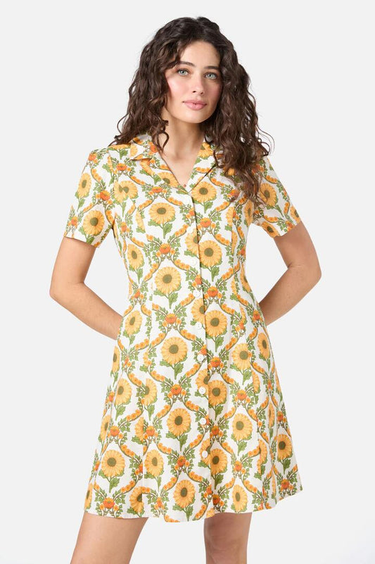 Image of a model wearing Dress. Productname: Sunflower Mini Shirt Dress in Cream colour by brand - Princess Highway
