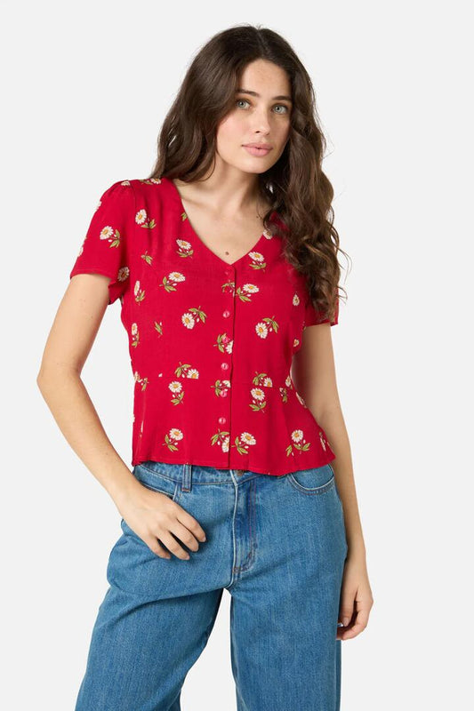 Image of a model wearing Tops. Productname: Marguerite Daisy Top in Red colour by brand - Princess Highway