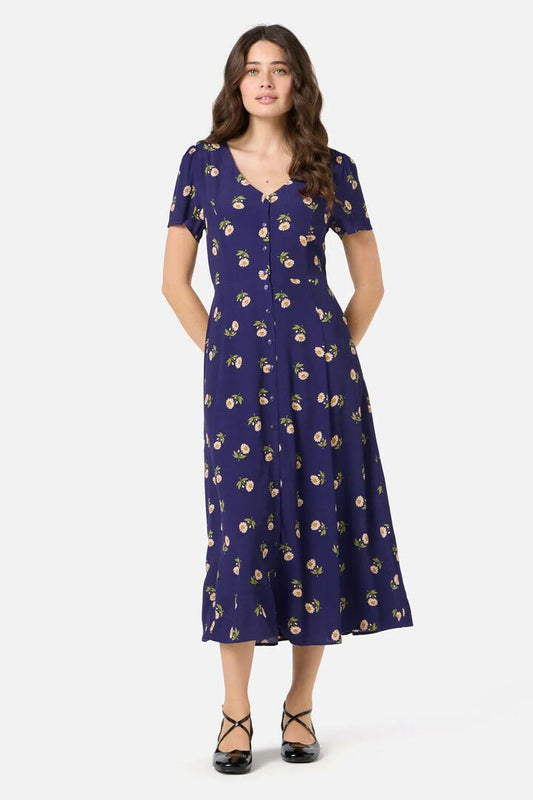 Image of a model wearing Dress. Productname: Marguerite Daisy Midi Dress in Navy colour by brand - Princess Highway