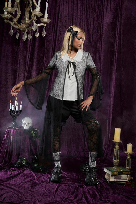 Image of a model wearing Outerwear. Productname: Web Lace Duster in Black colour by brand - Black Friday