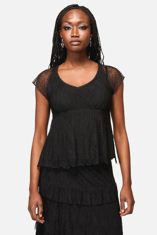Image of a model wearing Tops. Productname: Web Lace Babydoll Top in Black colour by brand - Black Friday