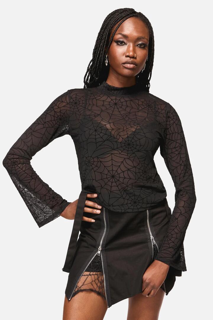 Image of a model wearing Tops. Productname: Web Flocked Mesh Top in Black colour by brand - Black Friday