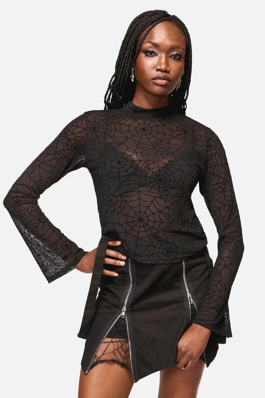 Image of a model wearing Tops. Productname: Web Flocked Mesh Top in Black colour by brand - Black Friday