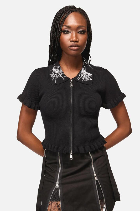 Image of a model wearing Outerwear. Productname: Webbed Zipper Cardi in Black colour by brand - Black Friday
