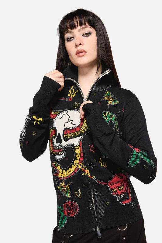 Image of a model wearing Outerwear. Productname: Lawless Grunge Zip Cardigan in Black colour by brand - Dangerfield