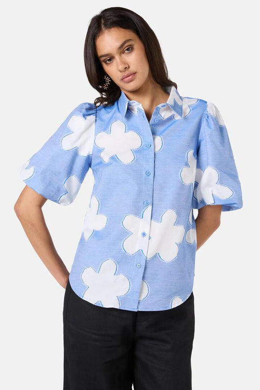 Image of a model wearing Tops. Productname: Cut Daisies Cotton Shirt in Blue colour by brand - Gorman