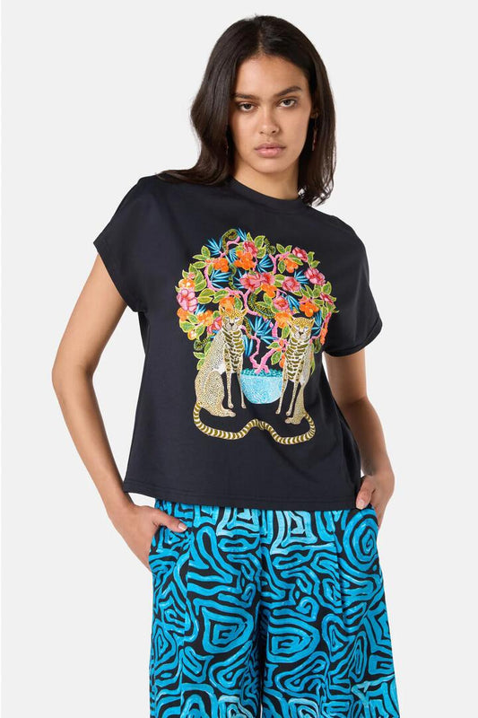 Image of a model wearing Tops. Productname: Plum Harvest Embellished Tee in Black colour by brand - Gorman