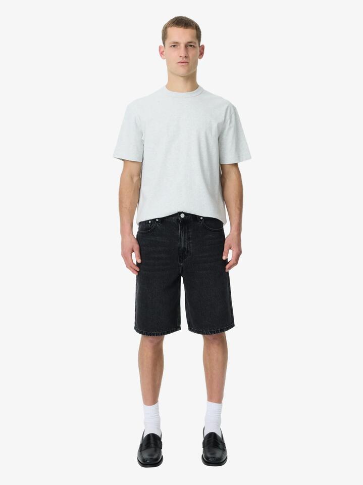Image of a model wearing Shorts. Productname: Article One Bertie Jean Short in Washed Black colour by brand - Article One