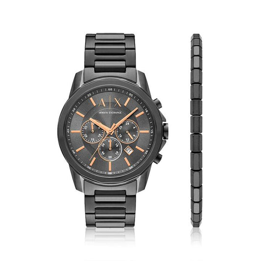 Image of Bracelets. Productname: Armani Exchange Banks Grey Chronograph Watch and Bracelet Set AX7170SET in Watch colour by brand - Armani Exchange