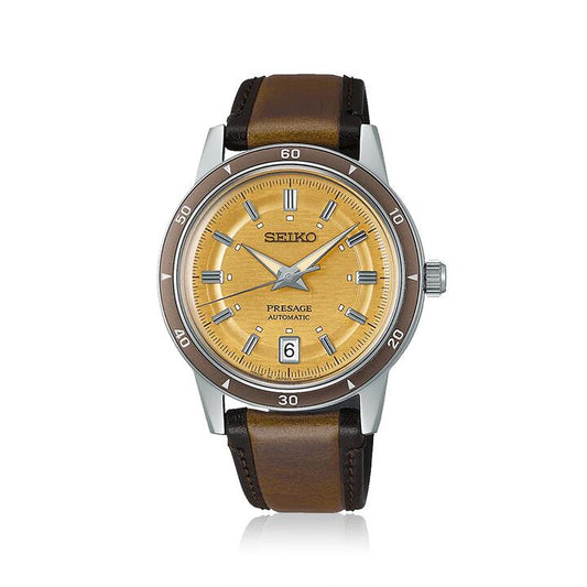Image of Watches. Product name - Seiko Presage Style 60's Automatic Brown Leather Watch SRPL75J in colour by brand - Seiko