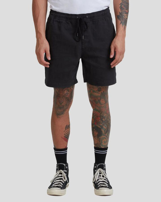 Image of a model wearing Shorts. Productname: RVCA - Mens Escape Elastic Shorts - Black - in Black colour by brand - RVCA