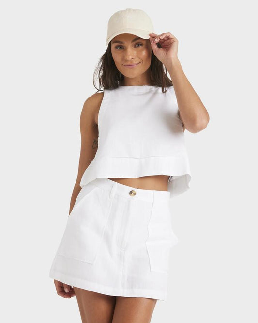Image of a model wearing Skirts. Productname: Roxy - Womens Close To You Mini Skirt - White - in White colour by brand - Roxy