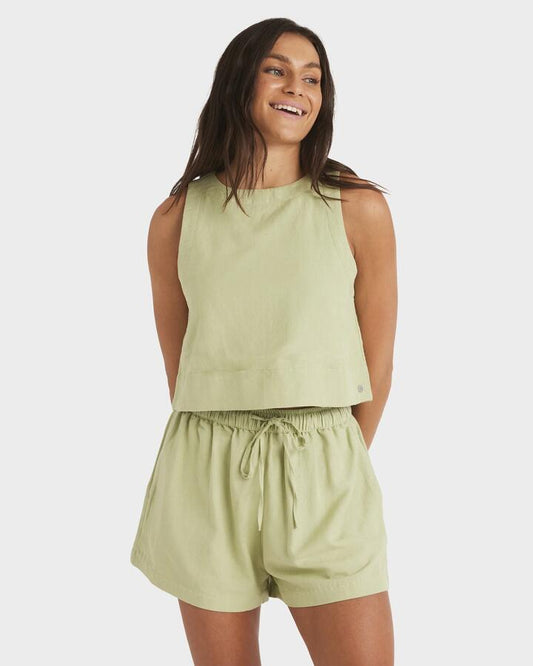Image of a model wearing Shorts. Productname: Roxy - Womens Dreamer Elastic Waist Shorts - Pistachio - in Pistachio colour by brand - Roxy