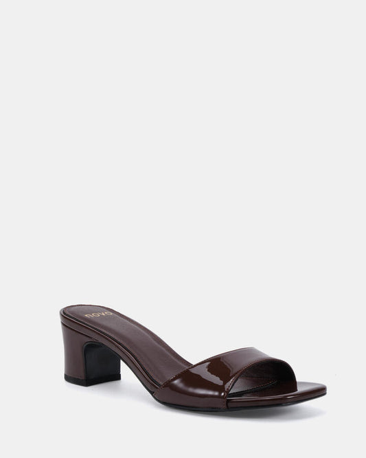 Image of Heels. Productname: Viyan: Milk Choc Patent - Women's Strappy - Low Heel in Midnight colour by brand - Novo