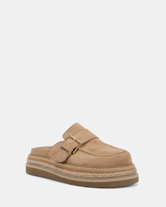 Image of Flats. Productname: Chain: Biscoff Suede - Women's Casual Flat Closed in Biscoff Suede colour by brand - Novo