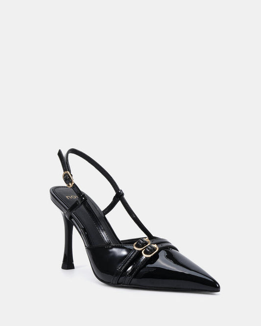 Image of Heels. Product name - Issoria Black Patent Low Heels in Black colour by brand - Novo