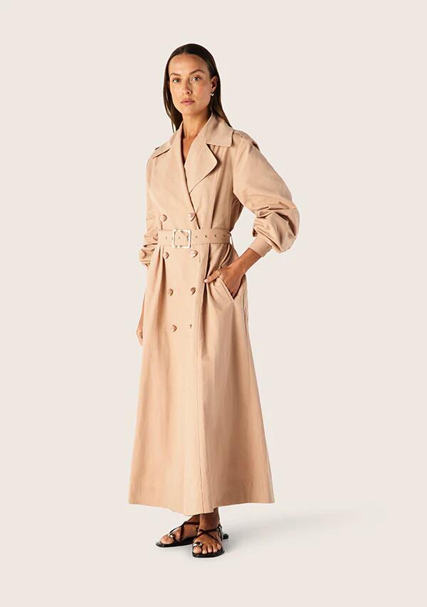 Image of a model wearing Outerwear. Productname: Arena Trench Coat in Trascendenant Pink colour by brand - MOS The Label